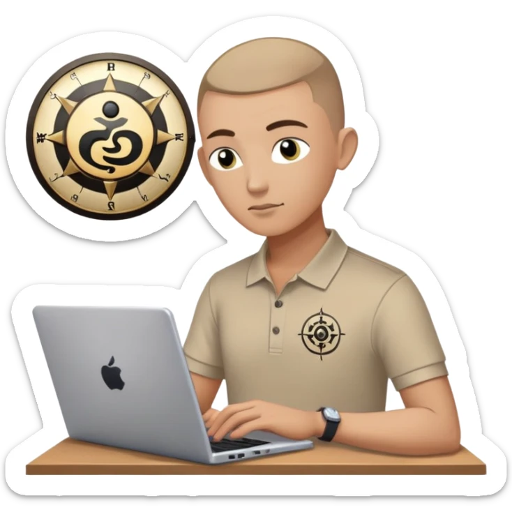 Gender: Male Hair: Buzzcut with yin-yang shaped fade Face: Third Eye chakra sticker on forehead Clothes: Bagua-patterned polo shirt Action: Aligning computer with compass while debugging code sticker