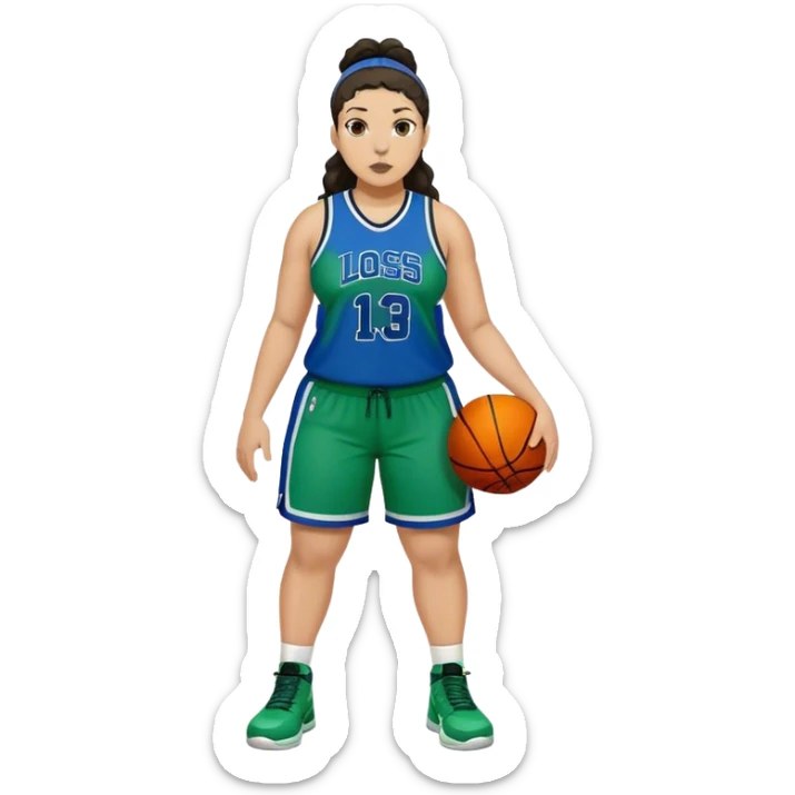 full body plus size light skin latino women basketball player with wavy dark hair in pony tail wide nose wearing blue with green uniform sticker