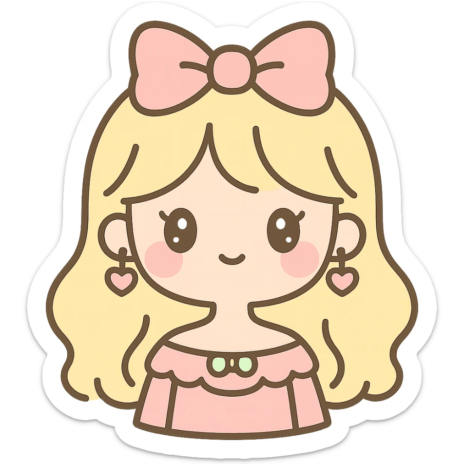 coquette girl with blonde hair, soft feminine features, pink blush, delicate accessories, gentle smile, pastel colors, cute and stylish sticker