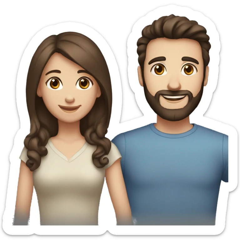 Happy couple : girl brown hair and brown eyes, boy dark brown hair and blue eyes with beard sticker