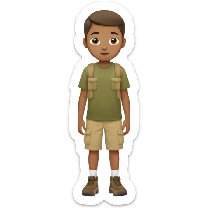 boy wearing an olive-green shirt over a brown T-shirt with beige cargo shorts sticker