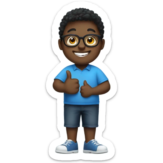 Black chubby boy with glasses smiling giving thumbs up with blue shirt that says I love God sticker