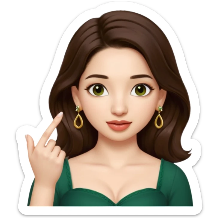 pretty bratz genmoji that looks like tamannah bhatia (bollywood actress), wearing a dark green sweetheart neckline top, dark brown hair, light makeup, no necklace, dangly earrings, SIDE hair part, fair. dark brown eyes, long hair

Show her licking her finger  sticker