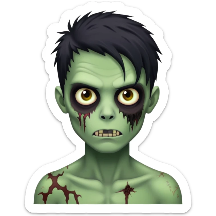 brunette zombie boy with horror green skin and long black messy hair sticker