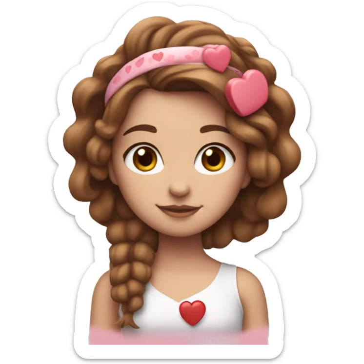 White girl, heart headband, holding a heart Valentine’s Day with brown hair sticker