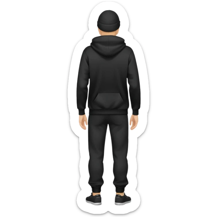 fullbody caucasian man in black hoodie on head, hands in his pockets and black pants rear backview sticker