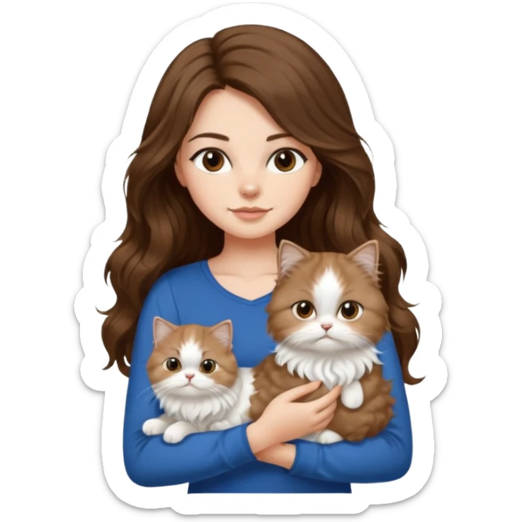 a girl with long wavy ish brown hair with a blue top and black pants holding a white persian cat  sticker