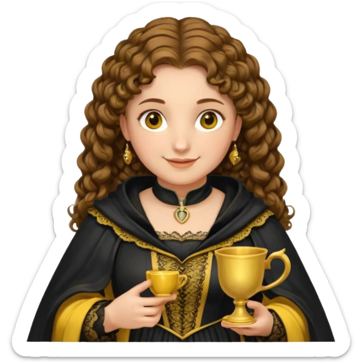 Helga Hufflepuff, brown-haired, 2 curly thick brown braids, yellow-black medieval dress, black cloak decorated with gold lace, tiny two-handled shiny yellow-gold cup, very kind smile, curvy busty sweet woman, thick rosy cheeks sticker