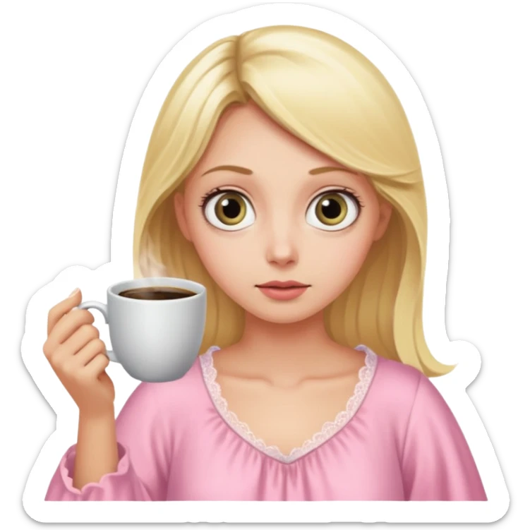 A blonde woman in a pink nightgown with wide eyes looks for coffee. sticker