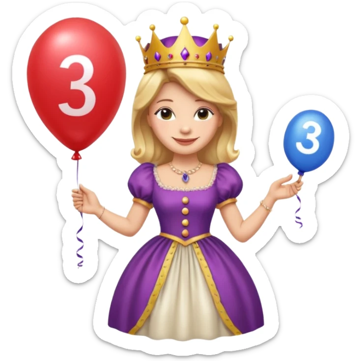 queen wearing dress, holding balloon in shape of number 3 sticker