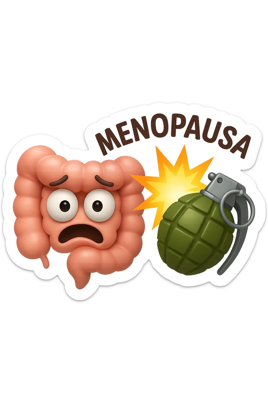 EMOJI STILE IPHONE 3D DI INTESTINO 3D CON ESPRESSIONE SPAVENTATA IN VOLTO MENTRE ACCANTO A LUI SCOPPIA UNA GRANATA 3D CON LA SCRITTA "MENOPAUSA" SOPRA, FAGLI ANCHE LA PARTE BIANCA DEGLI OCCHI, NON SOLO LA PUPILLA sticker