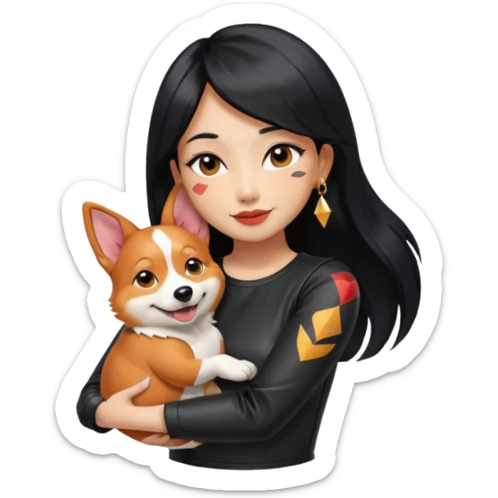apple-style emoji of an Asian girl with long straight hair, side-swept bangs, black leather dress, gold drop earrings, bold false lashes, and a geometric 3/4 sleeve tattoo on her left arm, hugging a joyful red head tri-color corgi, simplified, emoji-like sticker