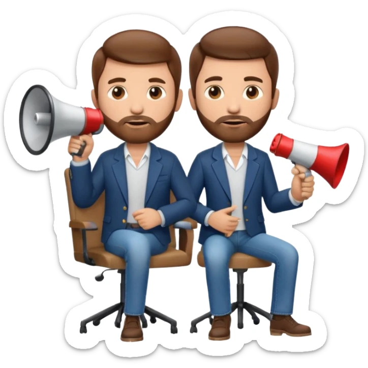 film director emoji with a modern megaphone and director's chair, brown hair and short beard, jeans and a undershirt with blazer top.  sticker