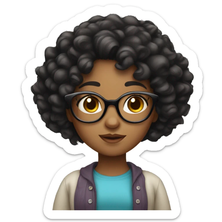 Girl with curly black hair and medium brown skin and black eyes and glasses  sticker