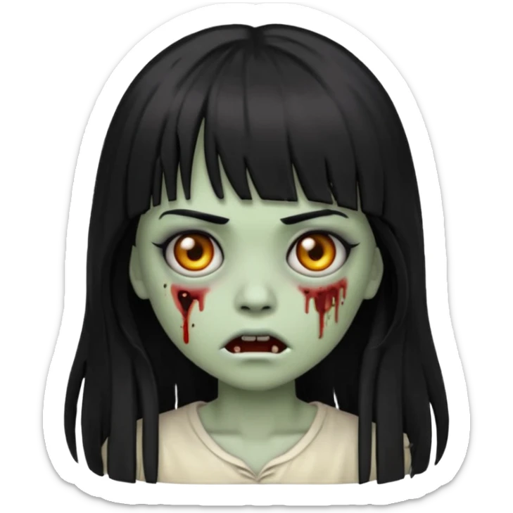 zombie girl emoji with black eyes, long black hair and bangs sticker