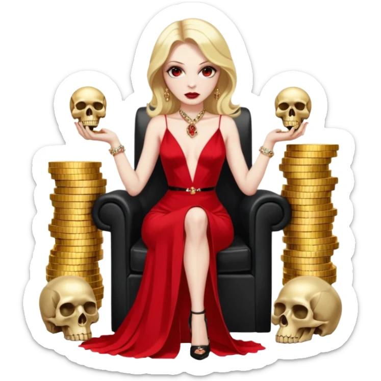 Lilith symbol red eye seductress evil shoulder length blonde haired sexy succubus woman with Gucci  long dress with slit, sitting on of gold and diamonds. Black Platform high heels on feet. seat full of stacks of cash,  dead human skull of her enemies in her other hand sticker