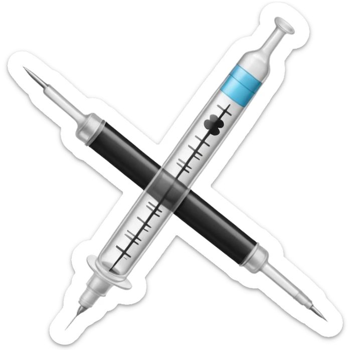 Minimalist emoji-style sticker of a medical syringe with a black tape X across it. Symbol of silence. Desaturated tones.
 sticker