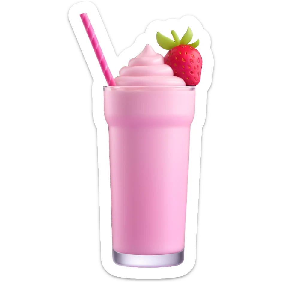 3D style strawberry milkshake with pink hue and cherry on top, tall glass, striped straw, retro diner style sticker