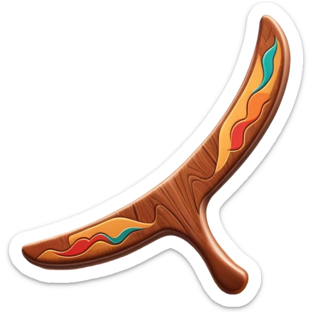 Cinematic Realistic image of a classic boomerang, rendered with detailed wood grain textures and vibrant colors, set against a sunlit outback landscape that emphasizes its iconic Australian heritage sticker