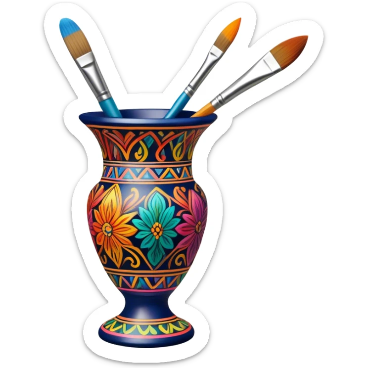Metal painting icon, fine paintbrush painting a detailed metal statuette or vase with bright, vivid colors, visible strokes and intricate patterns, no finished artwork, just the painting process, minimalistic style, clean lines, transparent background. sticker