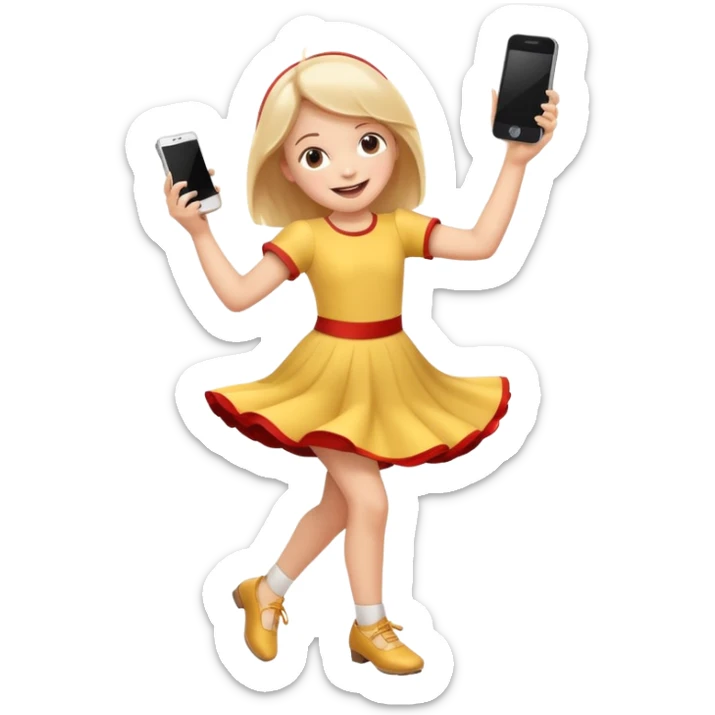 happy child dancing with a phone, spinning on one foot, apple style emoji sticker