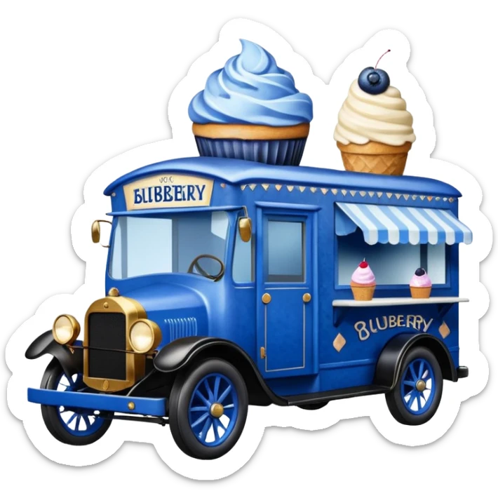 shiny-dark-blue crystal-bodied frozen blueberry muffin, pie, and ice cream, 1912 antique long-wheelbase cab over durable-looking food truck  sticker