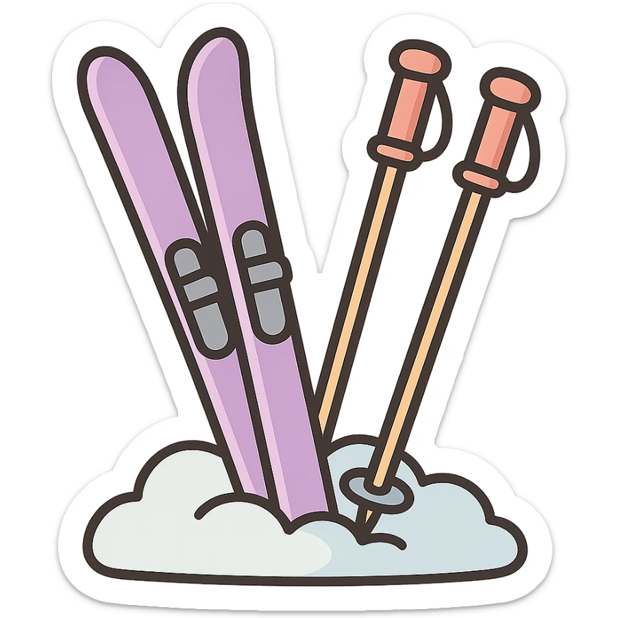 cross-country skis and poles both stuck at an angle into a snowdrift, detailed shading, thin clean outlines, soft rounded features, pastel palette #98B5BC #B5B3C1 #C9A3C9 #E4C0CA #F7DCD1 #F7C0AA, Japanese pop art, sticker look, highly detailed, vector clarity, soft lighting, subtle shadows, transparent background sticker