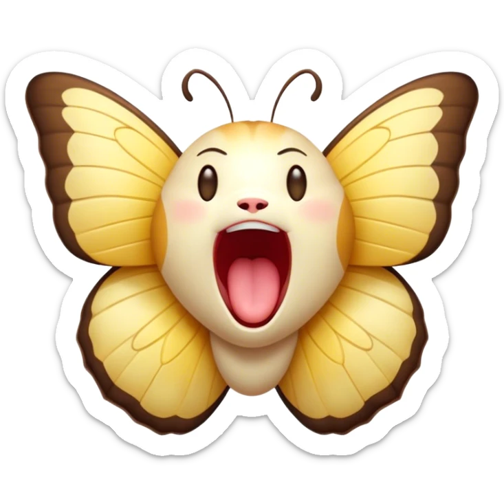 Cinematic Adorable Yawning Butterfly Portrait Emoji, Head tilted slightly with a dramatic, wide-open yawn, showcasing a delicate, softly fluttering body with gently drooping wings and sleepy, half-closed eyes, Simplified yet irresistibly cute features, highly detailed, glowing with a soft, cozy luminescence, high shine, relaxed yet expressive, stylized with a dash of whimsical floral charm, soft glowing outline, capturing the essence of a drowsy butterfly that appears ready to rest its wings for a nap! sticker