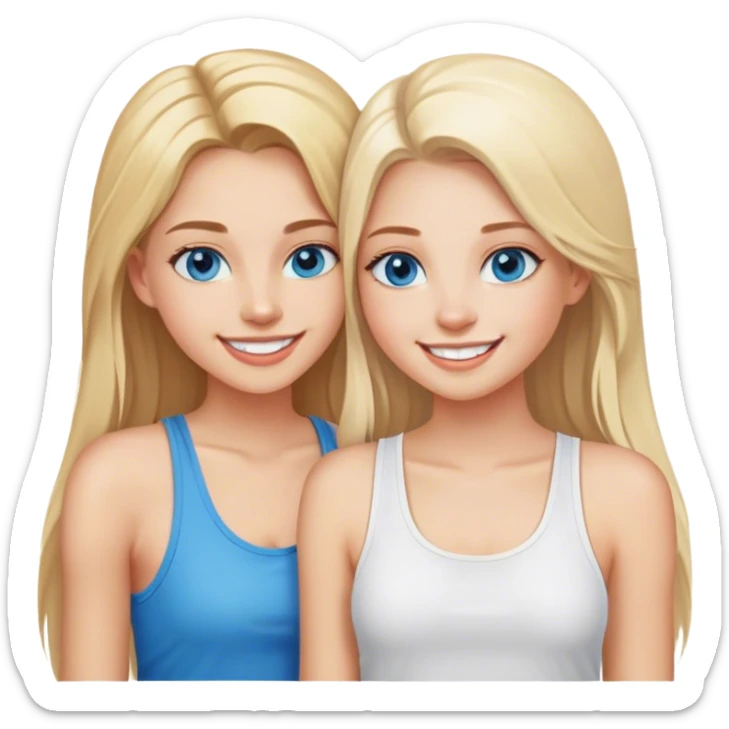 Two girls both have long blonde hair posing cheek to cheek one girl wearing a white shirt and the other girl is wearing a tank top both girls have beautiful blue eyes and a gorgeous smile with white teeth sticker
