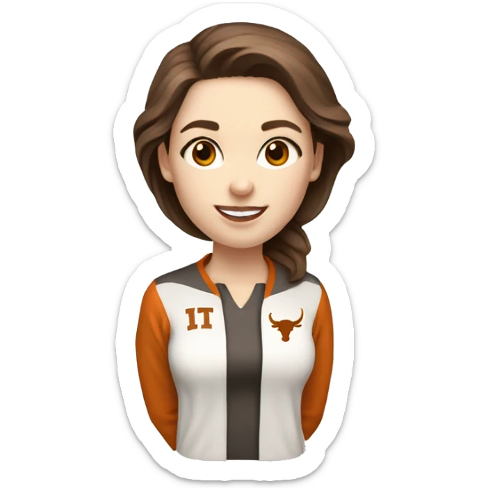 Brown hair, pale skin, woman. Wearing University of Texas Longhorn clothes sticker