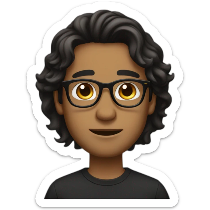 Brown guy, black eyes, black long wavy hair, no facial hair, thin long nose, round glasses, black t shirt sticker