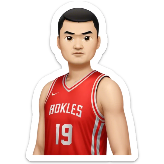 Yao Ming – Cinematic Realistic Portrait of Yao Ming, depicted as a towering basketball icon in a modern uniform, with a gentle yet determined expression and dynamic arena lighting that highlights his immense stature and graceful athleticism. sticker