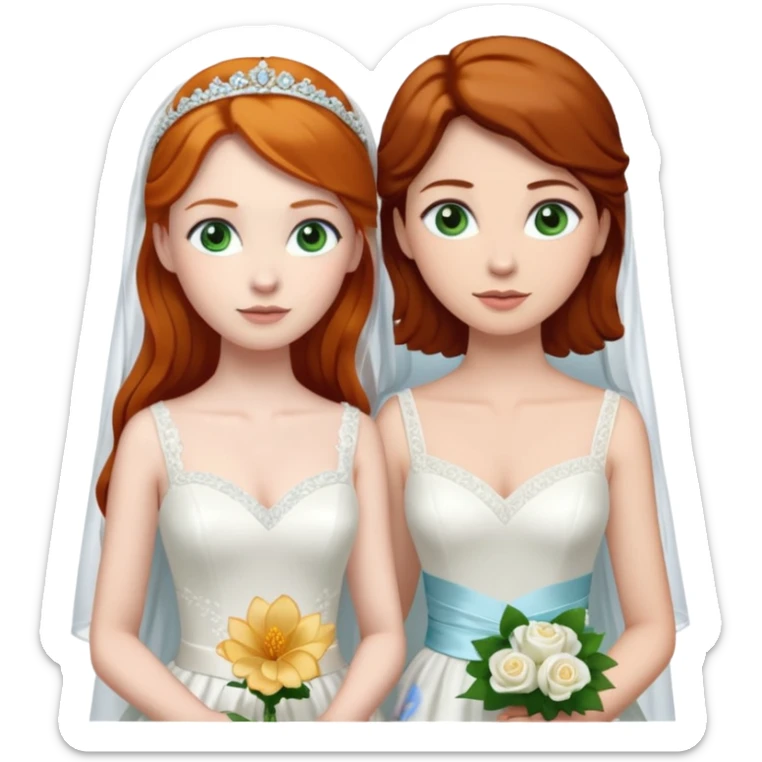 A ginger woman with blue eyes, marrying a taller, pale woman with very dark brown hair and green eyes, both in wedding dresses. sticker