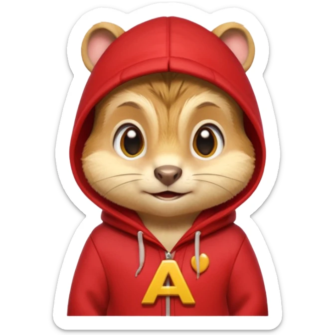 Portrait of a cartoon chipmunk with light brown and beige fur, wearing a red hoodie with a yellow 'A' on it, big round eyes, small nose, and a mischievous grin, front-facing, stylized in animated movie style sticker