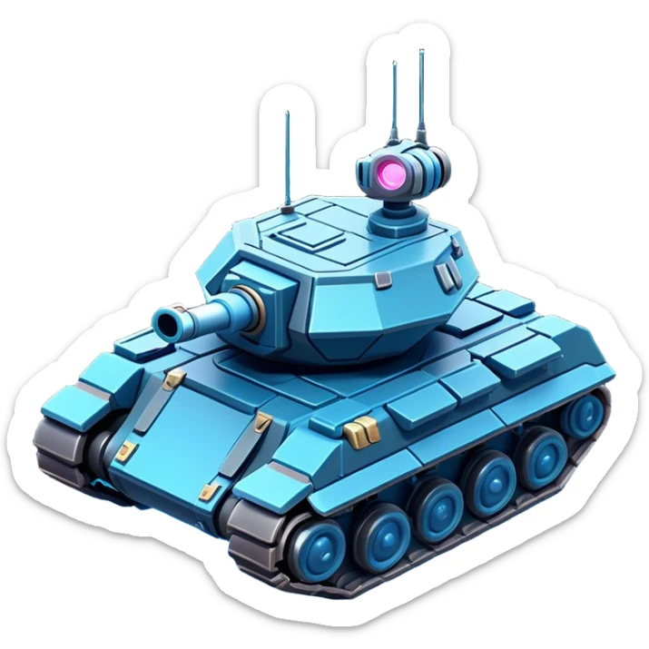 Clash of Clans aesthetic: Cinematic Playful 3D Isometric Space Tank Emoji, rendered in a 3D vector-style similar to standard emojis with minimal shading and bold, simplified shapes. A compact, distinct form with signature details, softly glowing with a futuristic sci-fi warfare charm. Simplified yet unmistakably iconic, highly detailed and consistent, glowing with a soft radiance and high shine. Stylized with a touch of high-tech brilliance and a soft glowing outline, capturing the essence of a beloved gaming relic with a friendly, playful manner! sticker