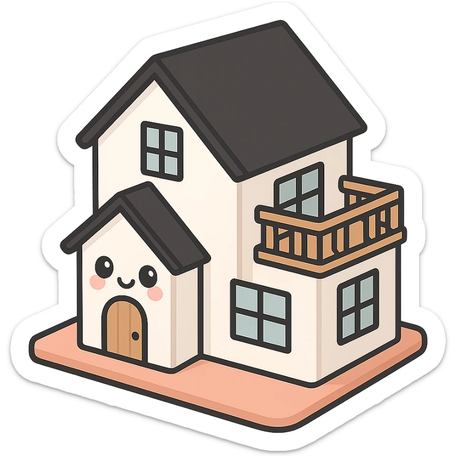 modern farmhouse dollhouse, white with black trim and wooden accents, 3d isometric  sticker