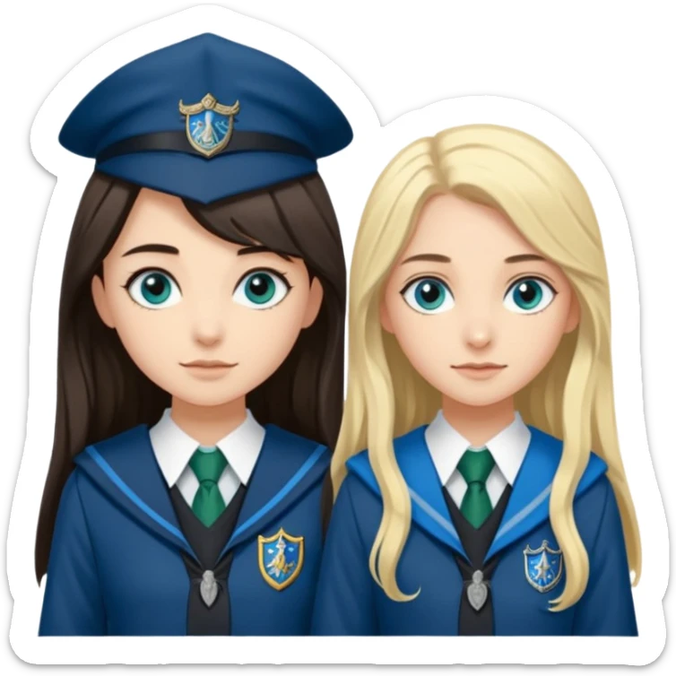 a pretty ravenclaw girl with long dark brown hair and blue eyes standing with a pretty Slytherin girl with long blonde hair, blue eyes sticker