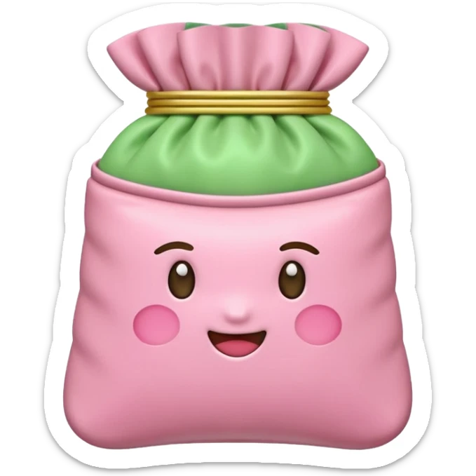 A Korean fortune pouch (bokjumeoni) in iPhone emoji style, pastel pink and light green colors, soft 3D glossy texture, centered, no outlines, transparent background. sticker