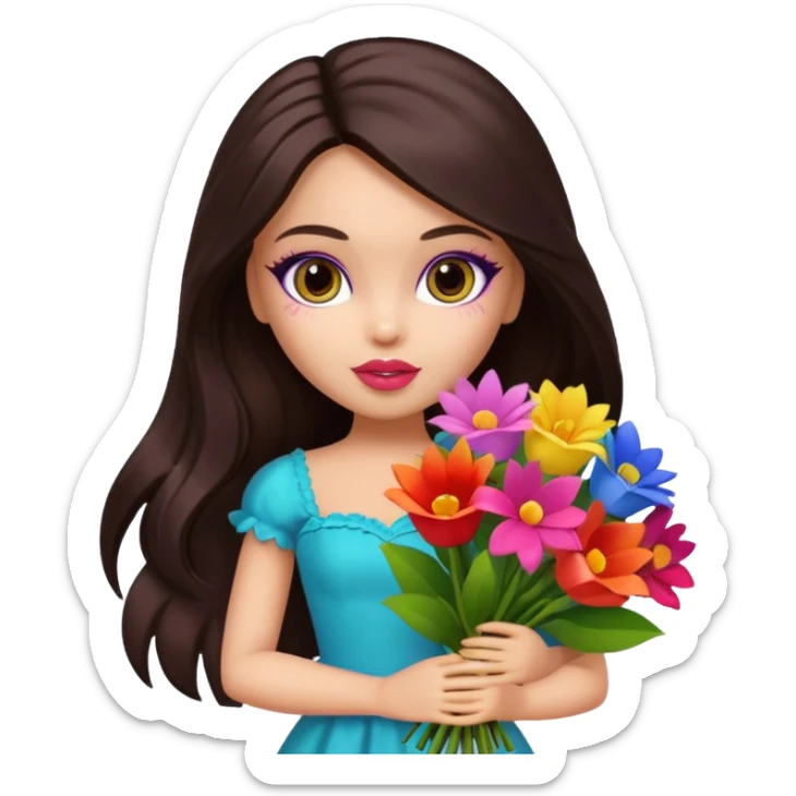  pretty bratz doll with makeup , long dark brown hair holding big bouquet of flowers  sticker