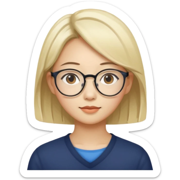 asian looking female with slight blonde hair a little longer  with eye glasses, fair complexion not that pointed nose but slighty little eye please make the hair longer shoulder length sticker