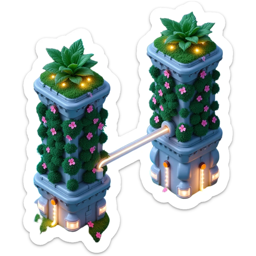 Exterior of a futuristic hydroponic farm with vertical crop towers, neon-lit pipes and glowing water tubes, sleek greenhouse structures sticker