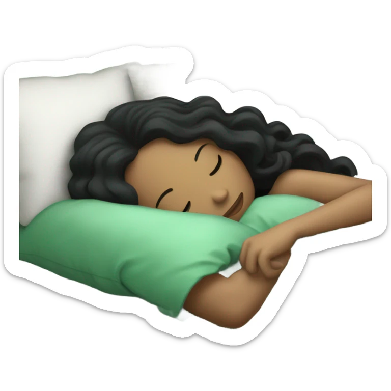 white european girl with long curly black hair sleeping in a bed with faded green striped comforters sticker