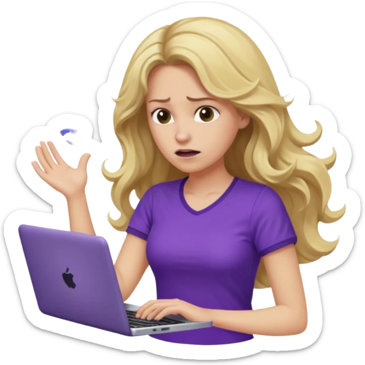 lady with long blonde wavy hair, purple top throwing her with a laptop looking defeated sticker