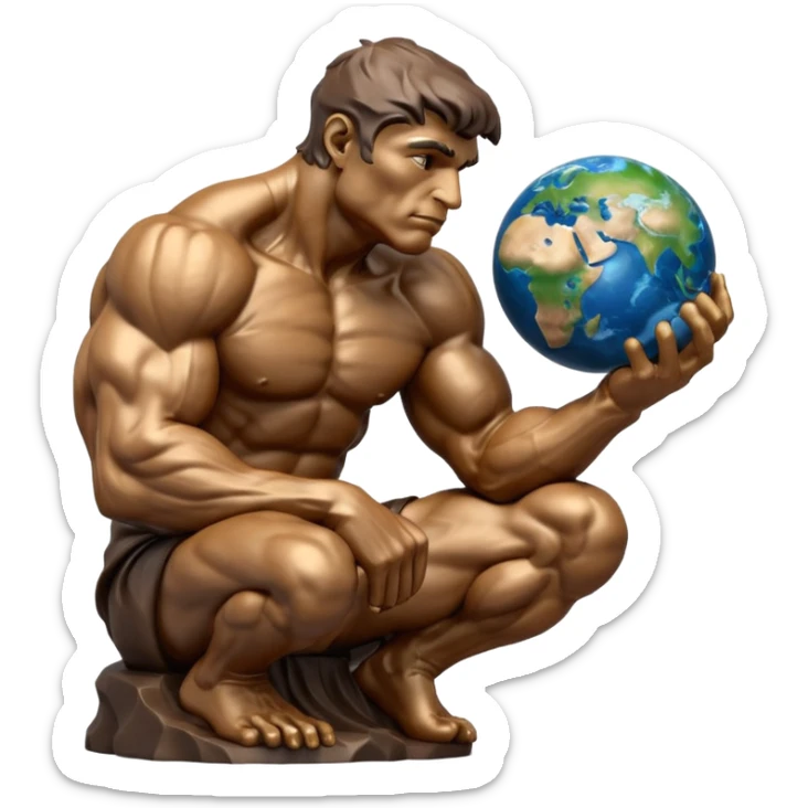 rodins sculpture the thinker but with a planet earth in its hand in a cartoon art style sticker