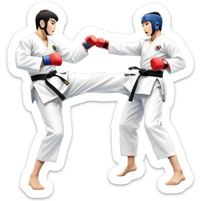 Two taekwondo fighters in traditional white doboks with black belts compete in a dynamic match. One executes a high spinning kick, while the other blocks skillfully. The background features a professional arena with bright lights and spectators. Transparent background. sticker
