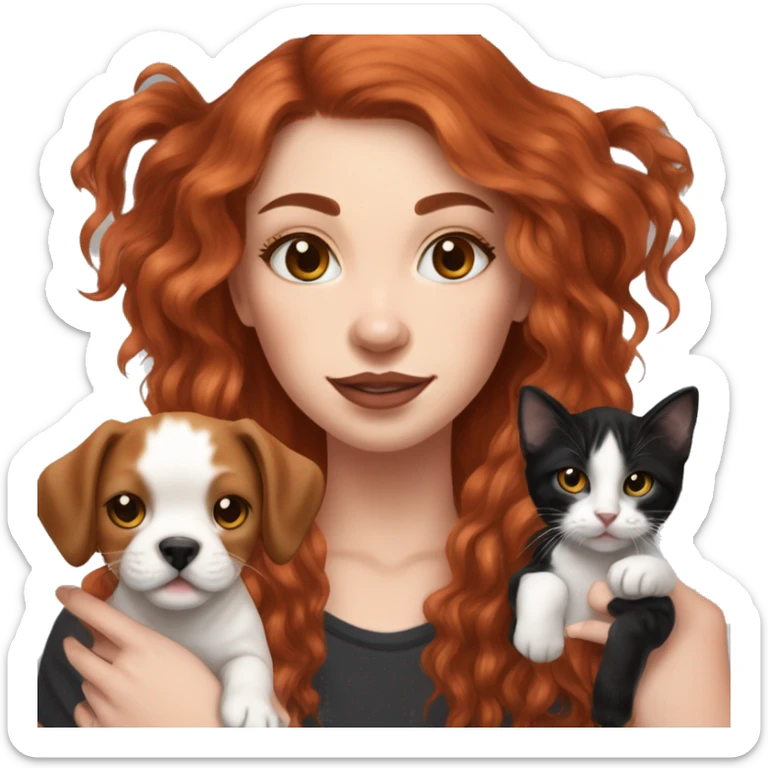 Long Red haired woman with septum piercing holding black and white English Staffordshire puppy and tabby kitten sticker