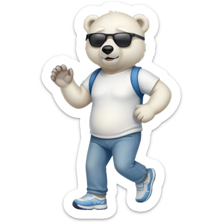 friendly anthropomorphised polar bear in jeans and a t-shirt, wearing dark sunglasses, jogging upright, standard pose sticker