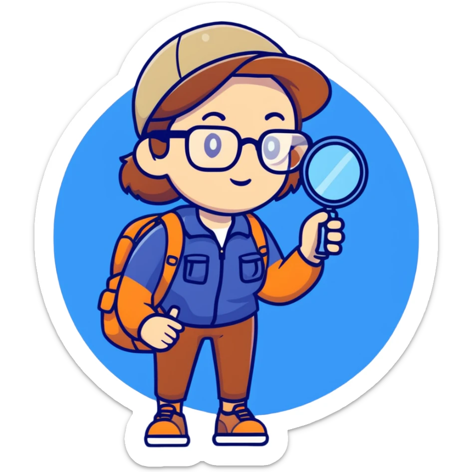 Colorful woman explorer in her 40s with glasses, dark blue and white hiking clothes, backpack, holding magnifying glass sticker