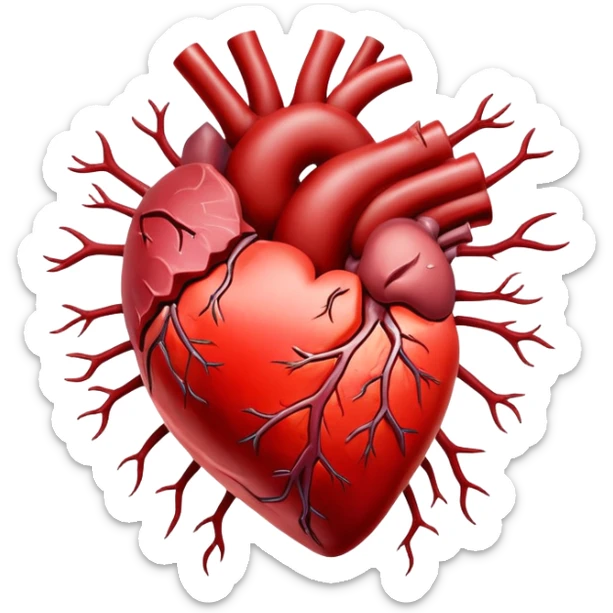 Glowing cuts of red meat and liver surrounding a bright red heart. Red blood cells float around the heart, with energy streams connecting the meat to the blood cells and heart, showing how iron-rich foods power circulation and vitality. sticker