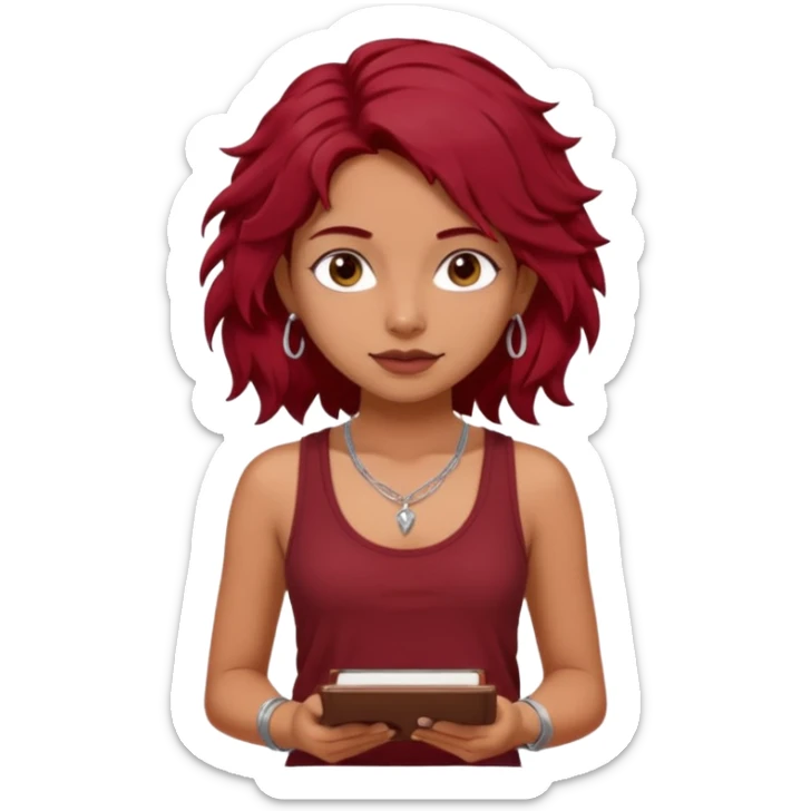 a pretty tan indian bratz girl with messy dark wavyred hair, wearing a dark red tank top, layered silver necklaces. Carrying multiple sketchbooks and pens sticker